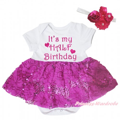 White Baby Bodysuit Dark Purple Bling Sparkle Sequins Rose Pettiskirt & It's My Half Birthday Print JS5448