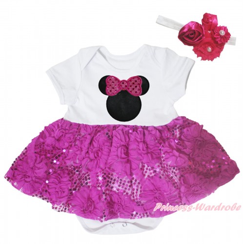 White Baby Bodysuit Dark Purple Bling Sparkle Sequins Rose Pettiskirt & Dark Purple Sparkle Bow Minnie JS5449