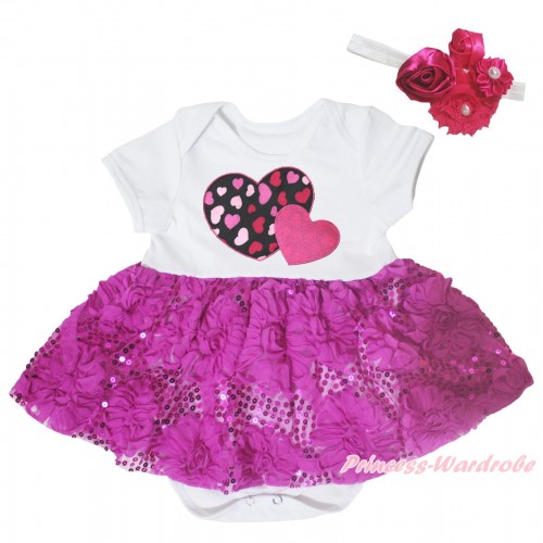White Baby Bodysuit Dark Purple Bling Sparkle Sequins Rose Pettiskirt & Hot Pink Sweet Twin Heart Print JS5450