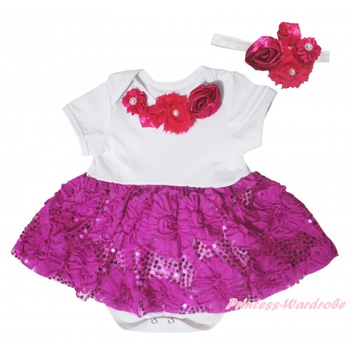 White Baby Bodysuit Dark Purple Bling Sparkle Sequins Rose Pettiskirt & Hot Pink Vintage Garden Rosettes Lacing JS5452
