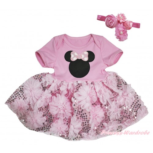 Light Pink Baby Bodysuit Light Pink Bling Sparkle Sequins Rose Pettiskirt & Light Pink Minnie Print JS5455