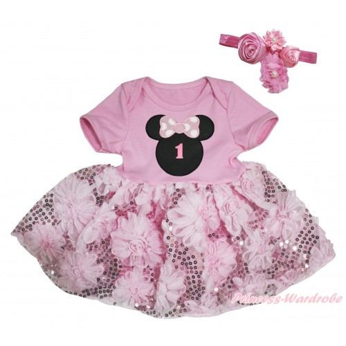 Light Pink Baby Bodysuit Light Pink Bling Sparkle Sequins Rose Pettiskirt & 1st Birthday Number Light Pink Minnie Print JS5456