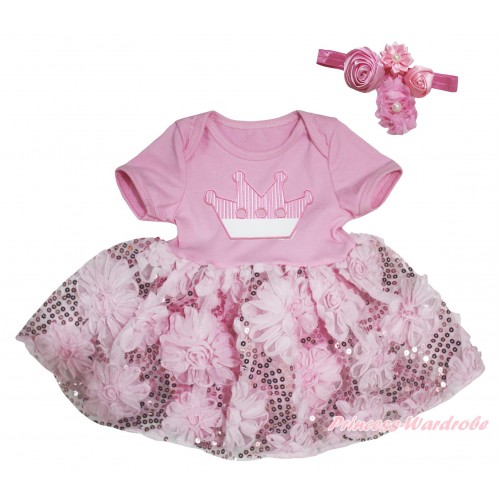 Light Pink Baby Bodysuit Light Pink Bling Sparkle Sequins Rose Pettiskirt & Crown Print JS5457
