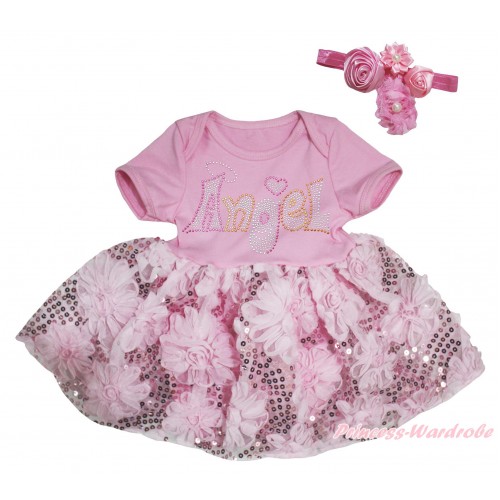 Light Pink Baby Bodysuit Light Pink Bling Sparkle Sequins Rose Pettiskirt & Sparkle Rhinestone Angel Print JS5458