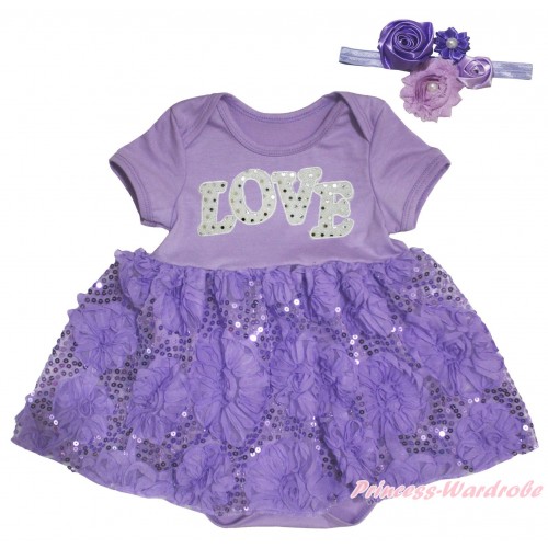 Valentine's Day Lavender Baby Bodysuit Lavender Bling Sparkle Sequins Rose Pettiskirt & Sparkle White LOVE Print JS5461