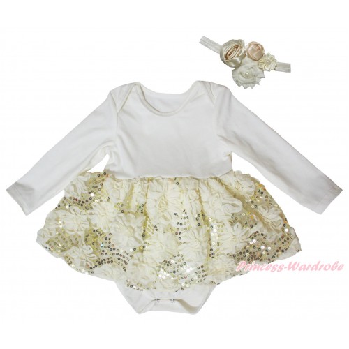 Cream White Long Sleeve Baby Bodysuit Cream White Bling Sparkle Sequins Rose Pettiskirt JS5466