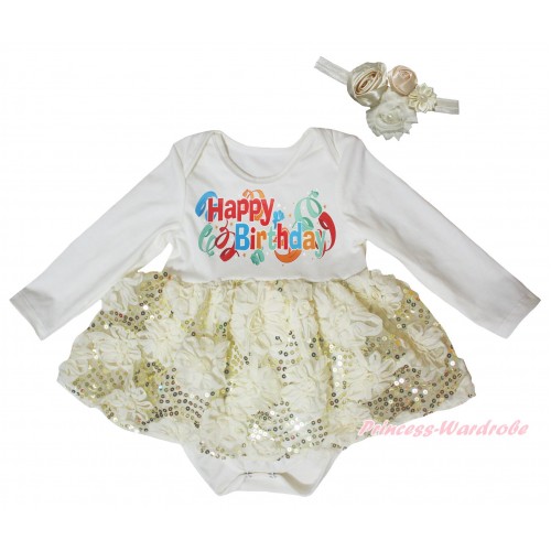 Cream White Long Sleeve Baby Bodysuit Cream White Bling Sparkle Sequins Rose Pettiskirt & Happy Birthday Painting JS5471