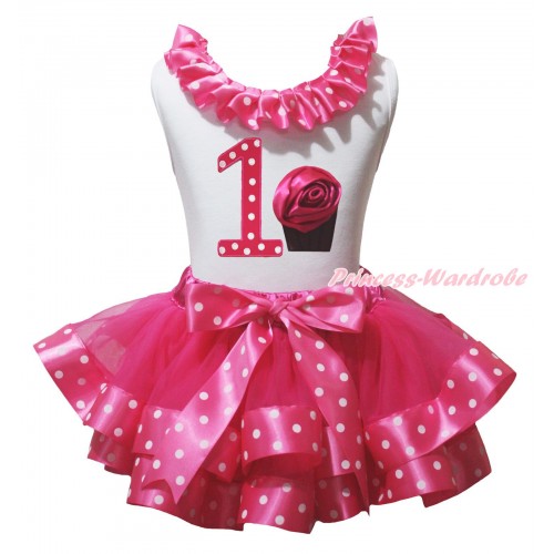 White Pettitop Hot Pink White Dots Lacing & 1st Hot Pink White Dots Birthday Number & Rose Cupcake Print & Hot Pink White Dots Trimmed Pettiskirt MG2259