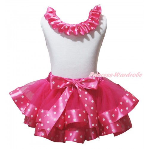 White Baby Pettitop Hot Pink White Dots Lacing & Hot Pink White Dots Trimmed Baby Pettiskirt NG2126