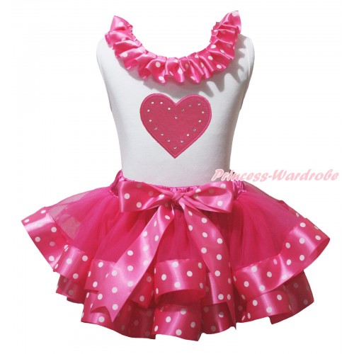 Valentine's Day White Baby Pettitop Hot Pink White Dots Lacing & Hot Pink Heart Print & Hot Pink White Dots Trimmed Baby Pettiskirt NG2128