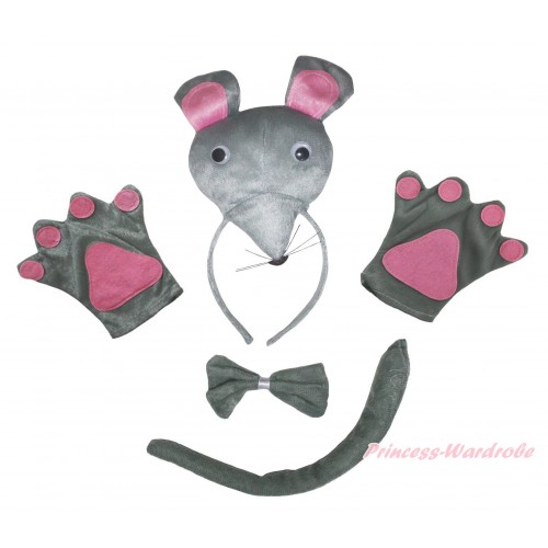 Grey Mouse 4 Piece Set in Headband, Tie, Tail , Paw PC148