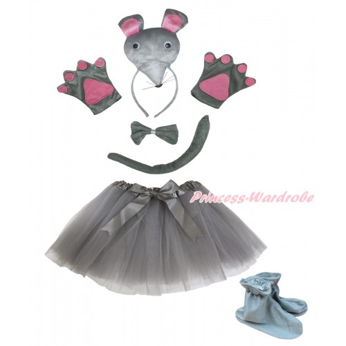 Grey Mouse 4 Piece Set in Headband, Tie, Tail , Paw & Shoes & Grey Ballet Tutu & Bow PC150