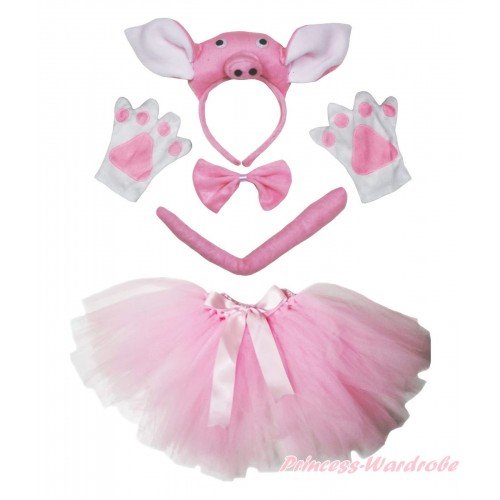 Piglet 4 Piece Set in Headband, Tie, Tail , Paw & Light Pink Ballet Tutu & Bow PC152