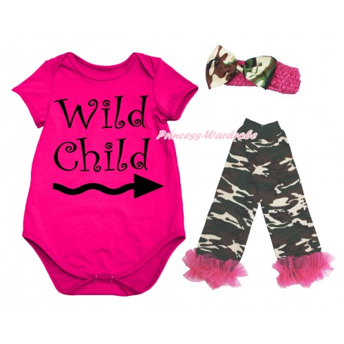 Hot Pink Baby Jumpsuit & Wild Child Painting & Hot Pink Headband Camouflage Satin Bow & Warmer Set TH717
