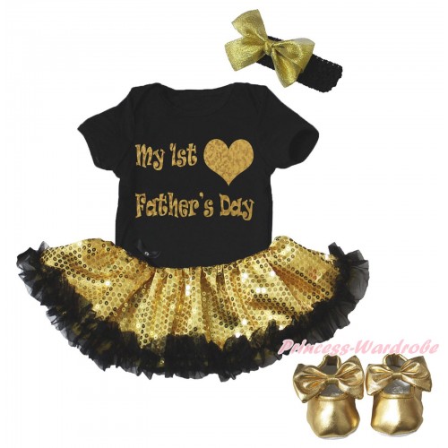 Father's Day Black Baby Bodysuit Bling Gold Sequins Black Pettiskirt & Sparkle Gold My 1st Father's Day Heart Painting & Gold Shoes JS5100