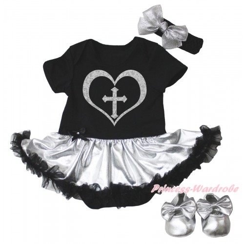 Christian Black Baby Bodysuit Silver Black Pettiskirt & Sparkle Cross Heart Painting & Silver Shoes JS5101