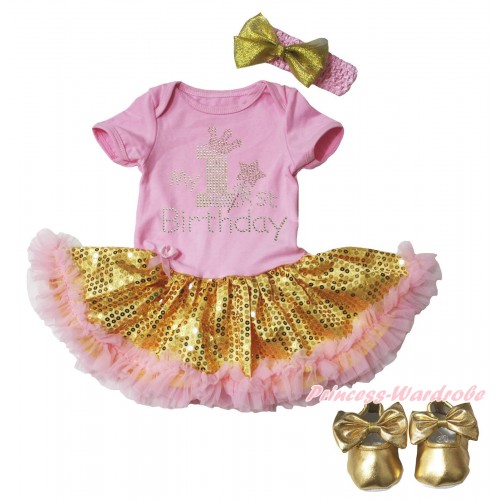 Light Pink Baby Bodysuit Bling Gold Sequins Light Pink Pettiskirt & Rhinestone My 1st Birthday Print & Gold Shoes JS5102
