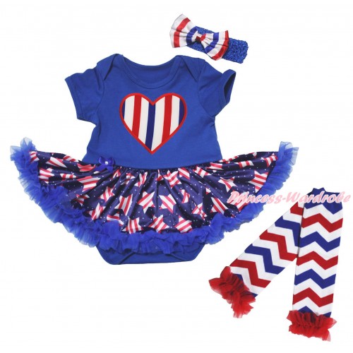 American's Birthday Royal Blue Baby Bodysuit Jumpsuit Red White Striped Stars Pettiskirt & Red White Blue Striped Heart Print & Warmers Leggings JS5103