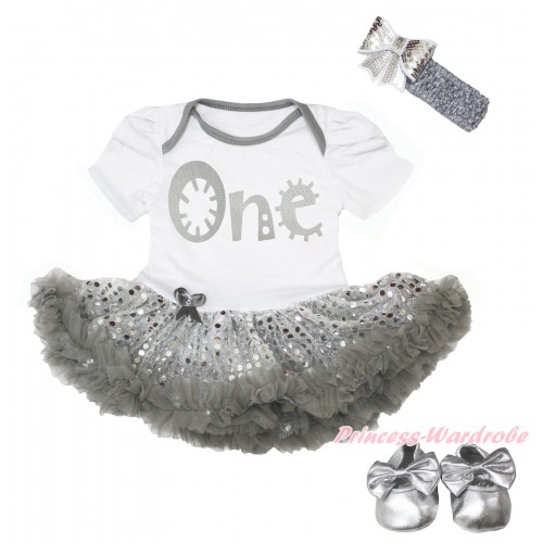 White Grey Piping Baby Bodysuit Bling Silver Sequins Grey Pettiskirt & Sparkle Grey One Painting & Shoes JS5106