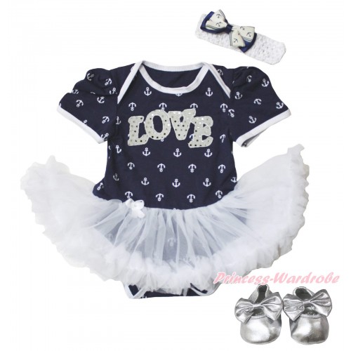 Dark Blue White Anchor Baby Bodysuit White Pettiskirt & Sparkle LOVE print & Silver Shoes JS5107