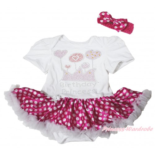 White Baby Bodysuit Hot Pink White Dots Pettiskirt & Sparkle Rhinestone Birthday Princess Print JS5115
