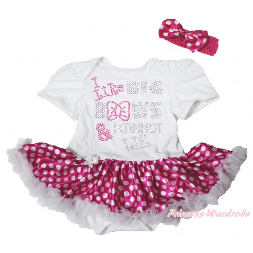 White Baby Bodysuit Hot Pink White Dots Pettiskirt & Sparkle Rhinestone I Like Big Bows Print JS5116
