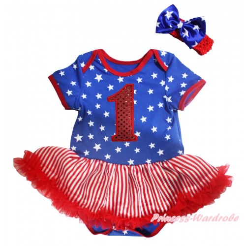 American's Birthday Royal Blue White Star Baby Bodysuit Jumpsuit White Red Striped Pettiskirt & 1st Sparkle Red Birthday Number Print JS5130