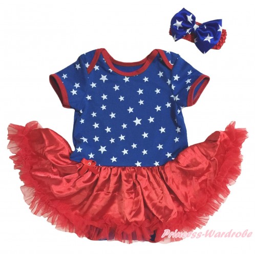 American's Birthday Royal Blue White Star Red Piping Bodysuit Red Pettiskirt & Red Headband Royal Blue White Star Bow JS5132