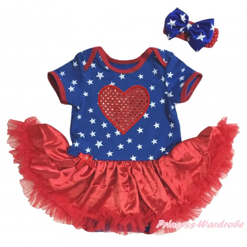 American's Birthday Royal Blue White Star Baby Bodysuit Jumpsuit Red Pettiskirt & Sparkle Red Heart Print JS5135