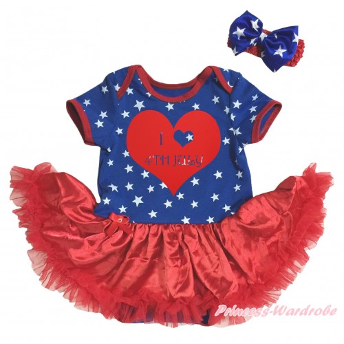 American's Birthday Patriotic American Stars Baby Bodysuit Jumpsuit Red Satin Pettiskirt & Red I Love 4th Of July Heart Painting JS5136