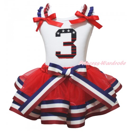 American's Birthday White Tank Top Red White Blue Striped Ruffles Red Bows & 3rd Patriotic Birthday Number Print & Red White Blue Striped Trimmed Pettiskirt MG2108