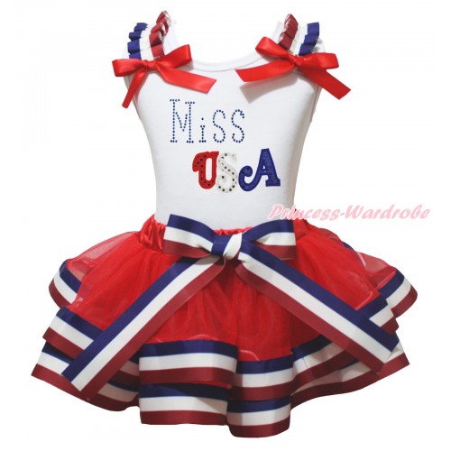 American's Birthday White Tank Top Red White Blue Striped Ruffles Red Bows & Sparkle Rhinestone Miss USA Print & Red White Blue Striped Trimmed Pettiskirt MG2109