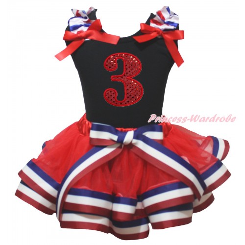American's Birthday Black Tank Top Red White Blue Striped Ruffles Red Bows & 3rd Sparkle White Birthday Number Print & Red White Blue Striped Trimmed Pettiskirt MG2121