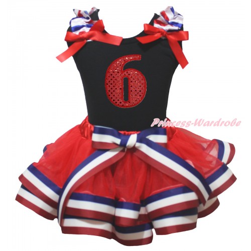 American's Birthday Black Tank Top Red White Blue Striped Ruffles Red Bows & 6th Sparkle Red Birthday Number Print & Red White Blue Striped Trimmed Pettiskirt MG2124