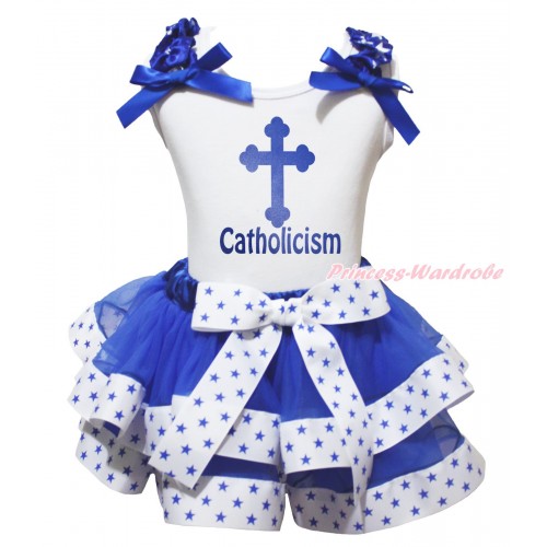 White Baby Pettitop Royal Blue White Star Ruffles Royal Blue Bow & Blue Cross Catholicism Painting & White Royal Blue Star Trimmed Pettiskirt MG2131