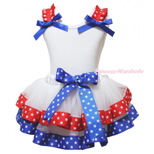American's Birthday White Pettitop Red White Star Ruffles Royal Blue Bow & Royal Blue Red White Star Trimmed Pettiskirt MG2141