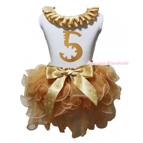 White Pettitop Goldenrod Star Lacing & Gold 5th Birthday Number Painting & Goldenrod Petal Pettiskirt MG2163
