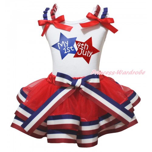 American's Birthday White Baby Pettitop Red White Blue Striped Ruffles Red Bow & My 1st American 4th Of July Twin Star Painting & Red White Blue Striped Trimmed Baby Pettiskirt NG2019