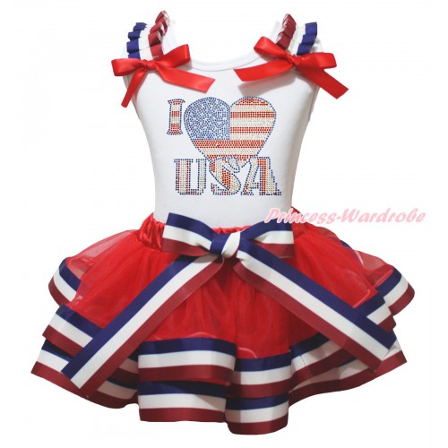 American's Birthday White Baby Pettitop Red White Blue Striped Ruffles Red Bow & Sparkle Rhinestone I Love USA Print & Red White Blue Striped Trimmed Baby Pettiskirt NG2024