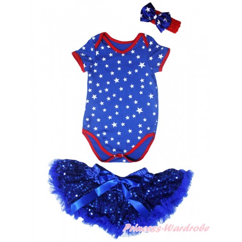 American's Birthday Royal Blue White Star Red Piping Baby Jumpsuit & Headband & Royal Blue Bling Sequins Newborn Pettiskirt NG2069
