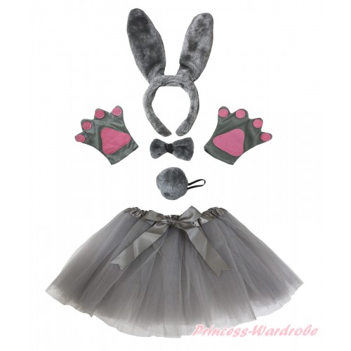Rabbit 4 Piece Set in Headband, Tie, Tail , Paw & Grey Ballet Tutu & Bow PC095