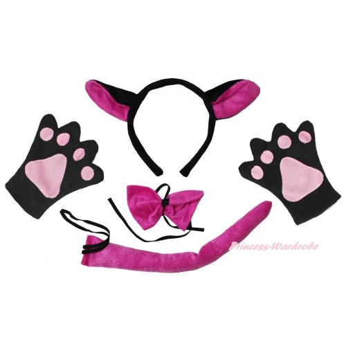 Hot Pink Wolf 4 Piece Set in Headband, Tie, Tail , Paw PC097