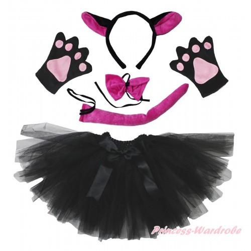 Hot Pink Wolf 4 Piece Set in Headband, Tie, Tail , Paw & Black Ballet Tutu & Bow PC098