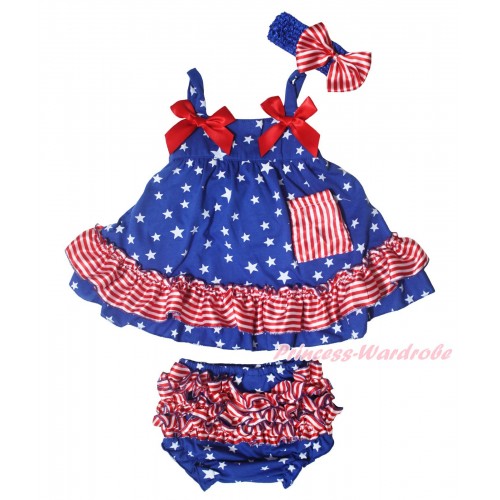 American's Birthday Royal Blue White Star Red White Stripe Swing Top Hot Red Bow & Panties Bloomers & Royal Blue Headband Red White Stripe Satin Bow SP39