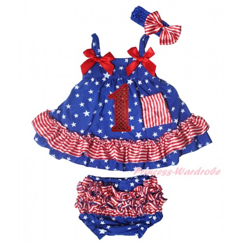 American's Birthday Royal Blue White Star Red White Stripe Swing Top Hot Red Bow & 1st Sparkle Red Birthday Number Print & Panties Bloomers & Royal Blue Headband Red White Stripe Satin Bow SP41
