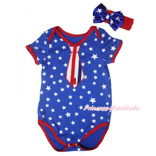 American's Birthday Royal Blue White Star Red Piping Baby Jumpsuit & 1st Birthday Number Red White Blue Striped Tie Print Headband TH668