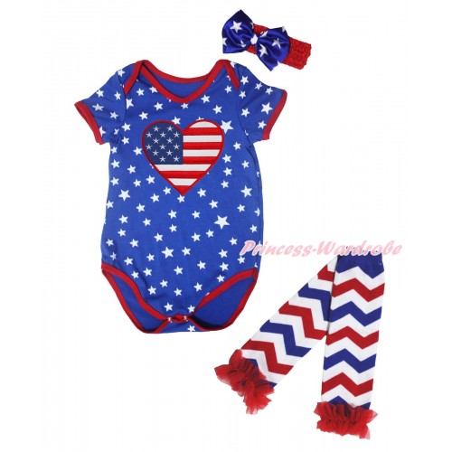 American's Birthday Royal Blue White Star Red Piping Baby Jumpsuit & Patriotic American Heart & Headband & Warmer Set TH670