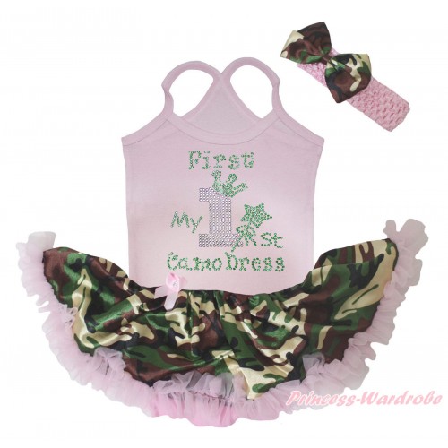 Light Pink Baby Halter Jumpsuit & Sparkle Rhinestone My 1st Camo Dress Print & Camouflage Light Pink Pettiskirt JS5473