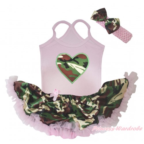 Light Pink Baby Halter Jumpsuit & Camouflage Heart Print & Camouflage Light Pink Pettiskirt JS5475