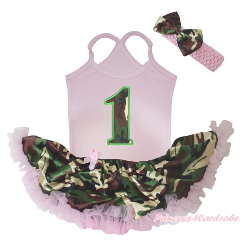Light Pink Baby Halter Jumpsuit & Camouflage 1st Birthday Number Print & Camouflage Light Pink Pettiskirt JS5476